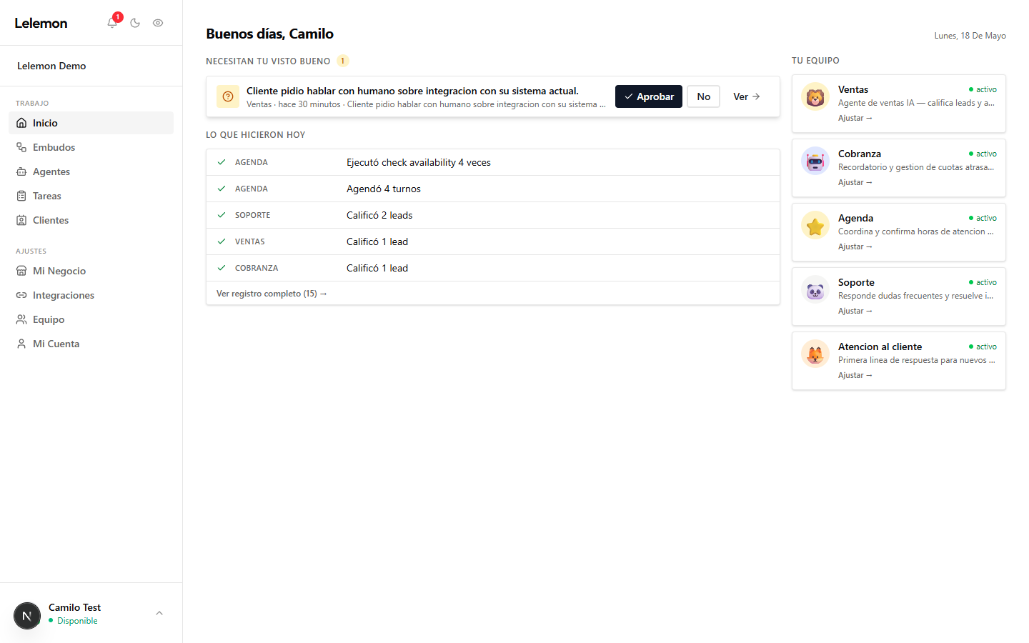 Dashboard de Lelemon Agents — vista de inicio con cobros pendientes, actividad del día y tu equipo de agentes IA activos