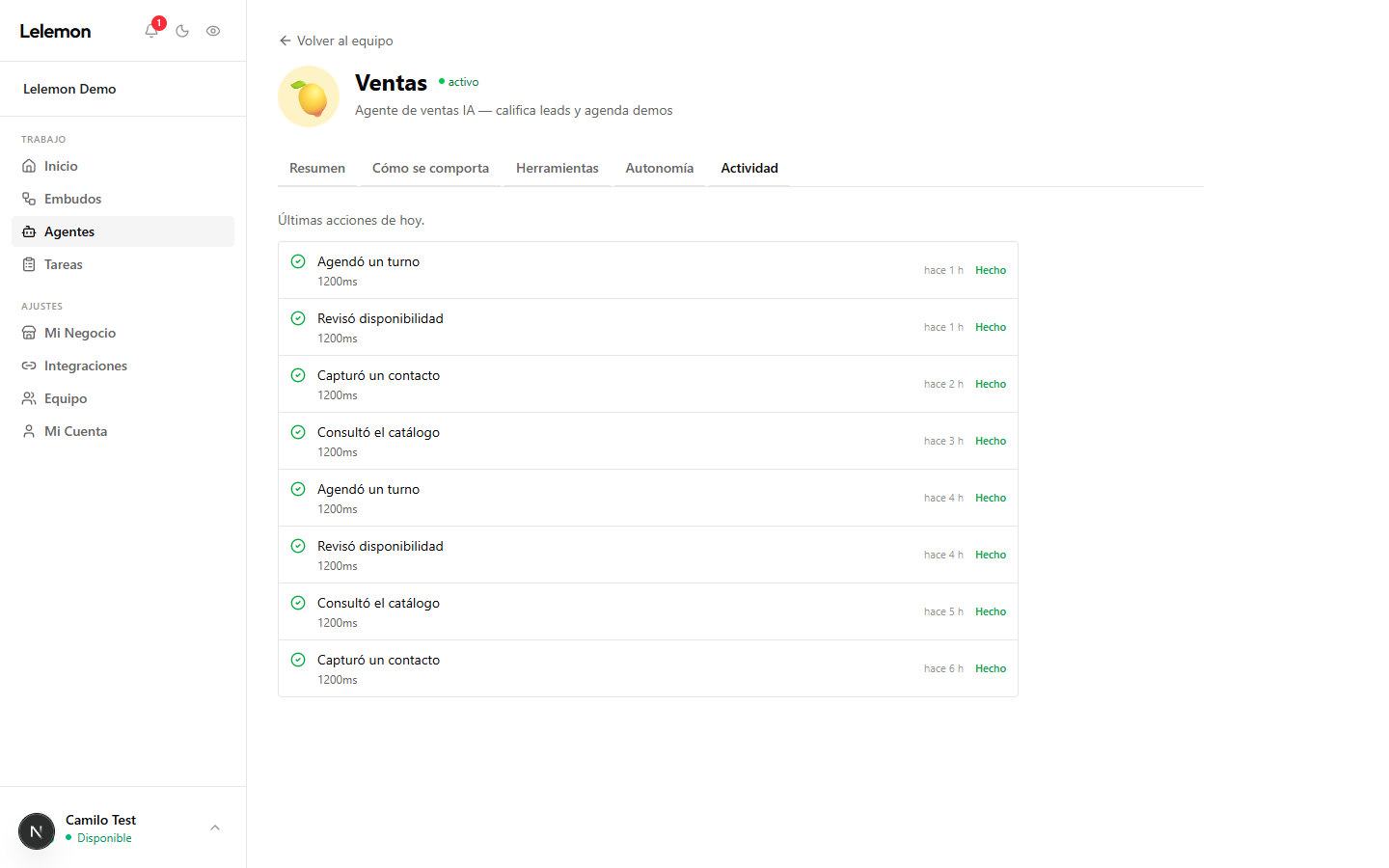 Tab de actividad del agente Ventas en Lelemon Agents — ultimas acciones del dia: agendo turnos, reviso disponibilidad, capturo contactos, consulto catalogo