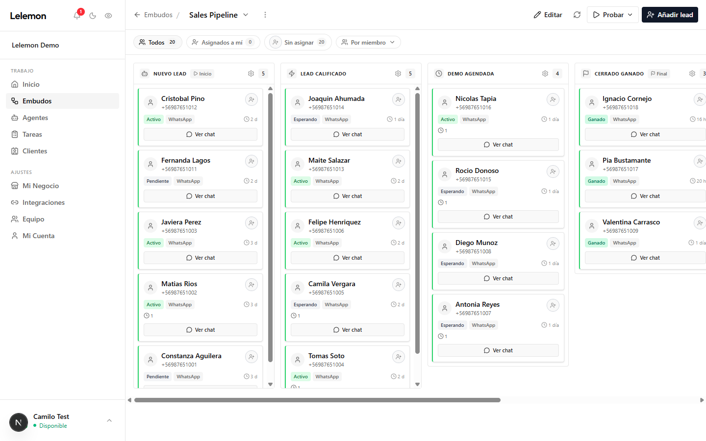 Embudo Sales Pipeline en Lelemon Agents con 20 leads distribuidos: Nuevo lead, Lead calificado, Demo agendada, Cerrado ganado